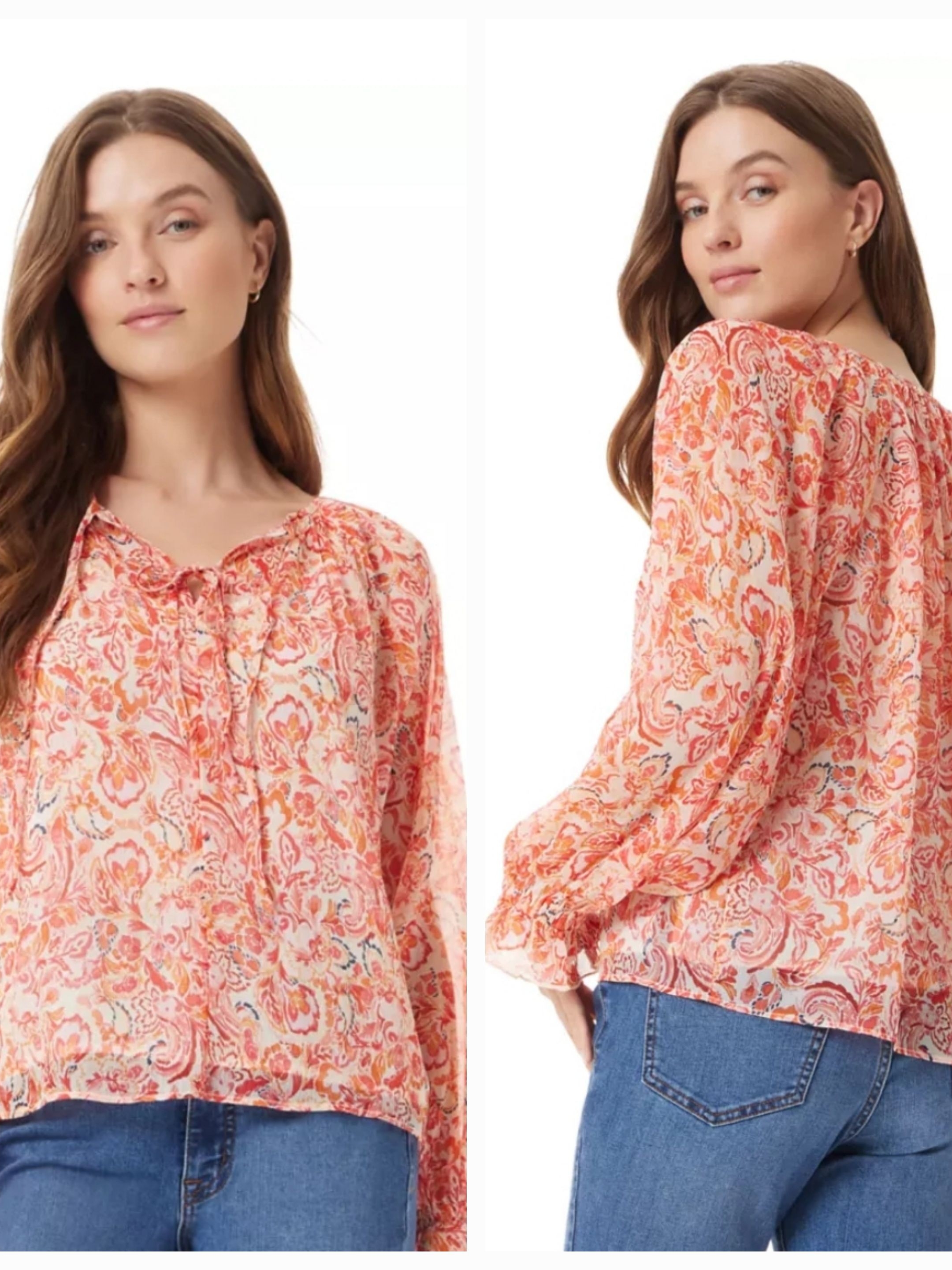 Nwt Sam Edelman Paisley Floral Blouse Top Sz S Orange Pink Tie Neck Boho W/ Cami